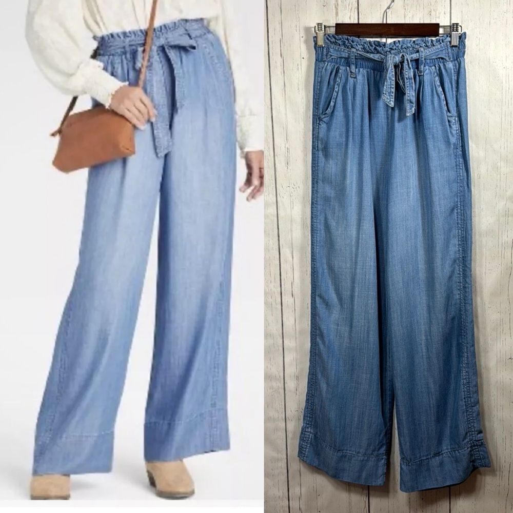 Knox Rose Denim Wide Leg Pants Blue High Rise Elastic Waist Belted Lightweight